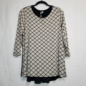 Comfy USA Lagenlook flowy tunic top tan black sz S geometric pattern 3/4 sleeve
